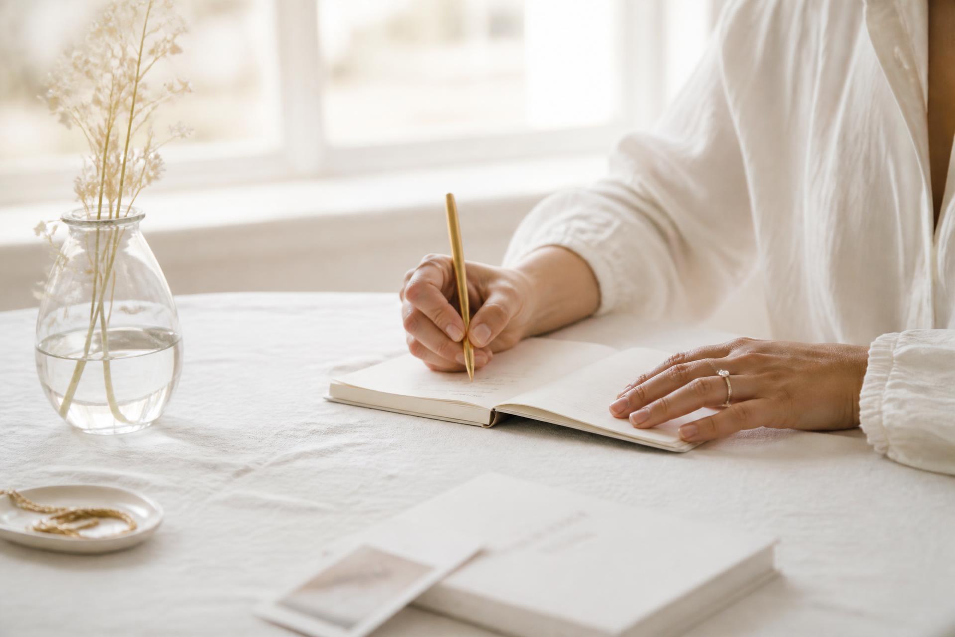 Persona escribiendo a mano en un cuaderno junto a una ventana con luz natural